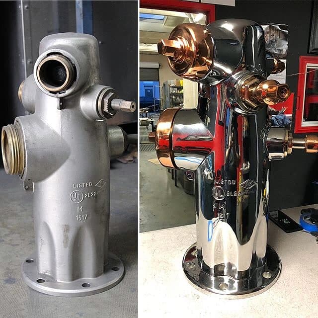 Fire hydrant before and after polishing and copper plating